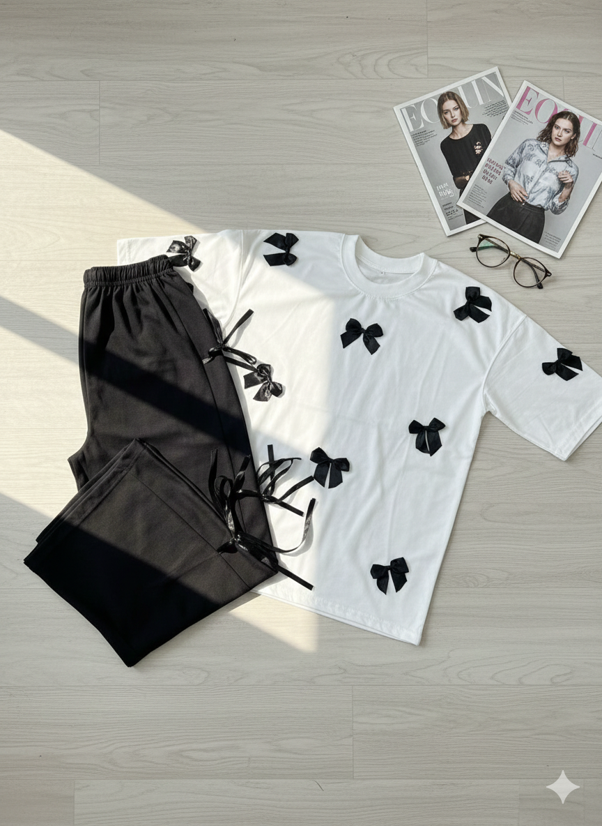 Bow All Over Drop Shoulder Tee Paired with Ribbon-Tied Wide-Leg Trousers