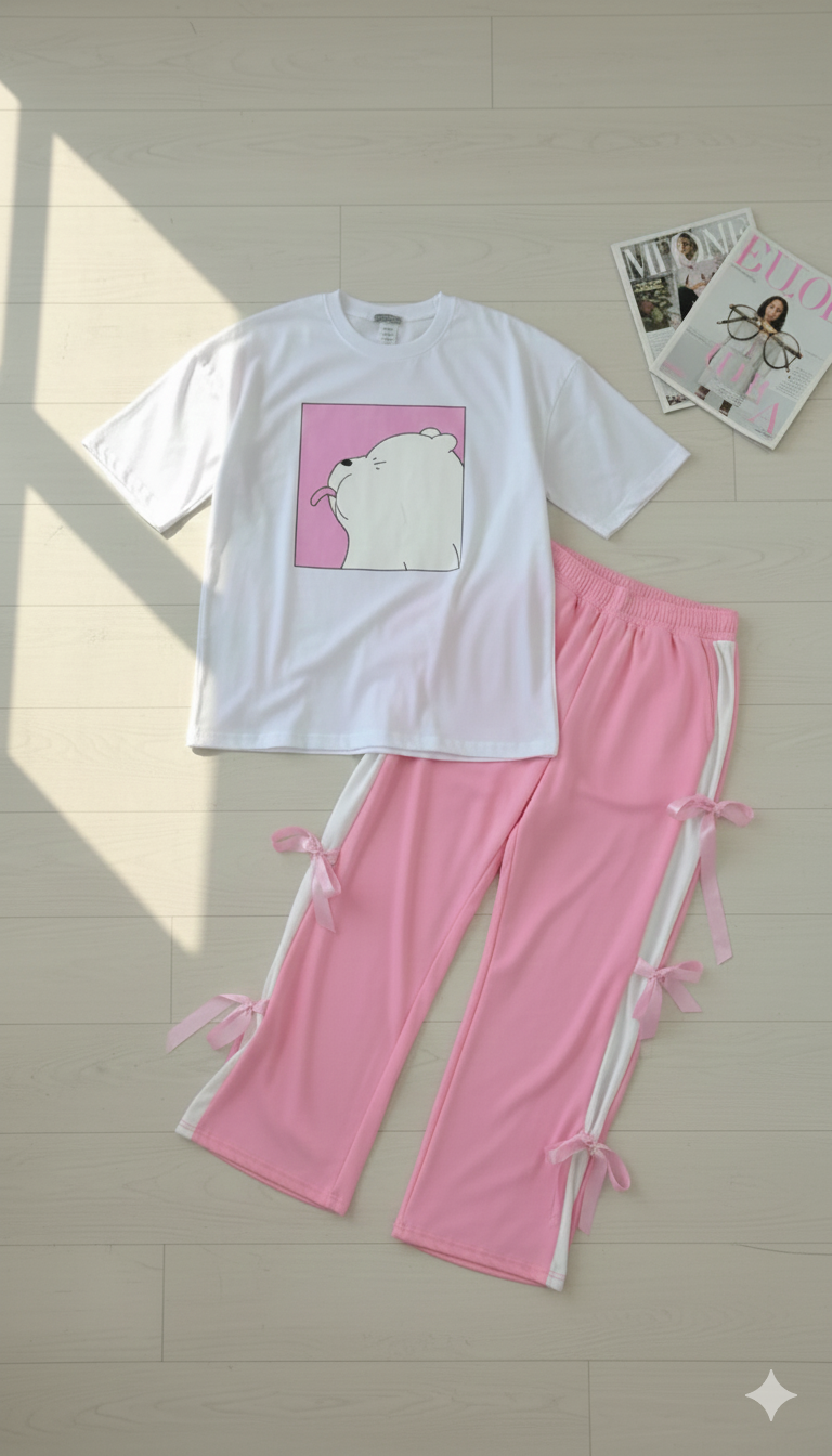 Sweet & Sassy - Polar Bear Tee And Pink Blush Bow-Tie Trouser Set