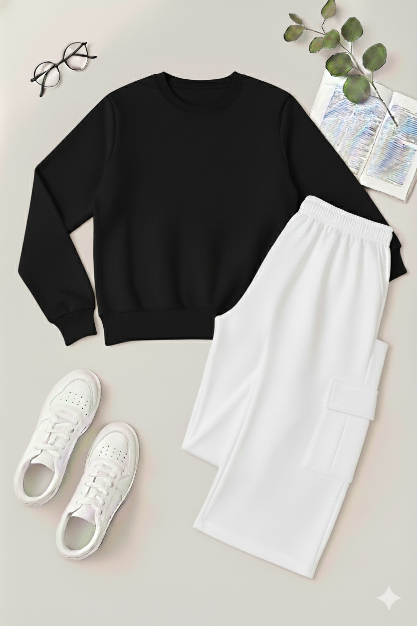 Everyday Essential Basic Plain Sweatshirt & White Cargo Co-Ord