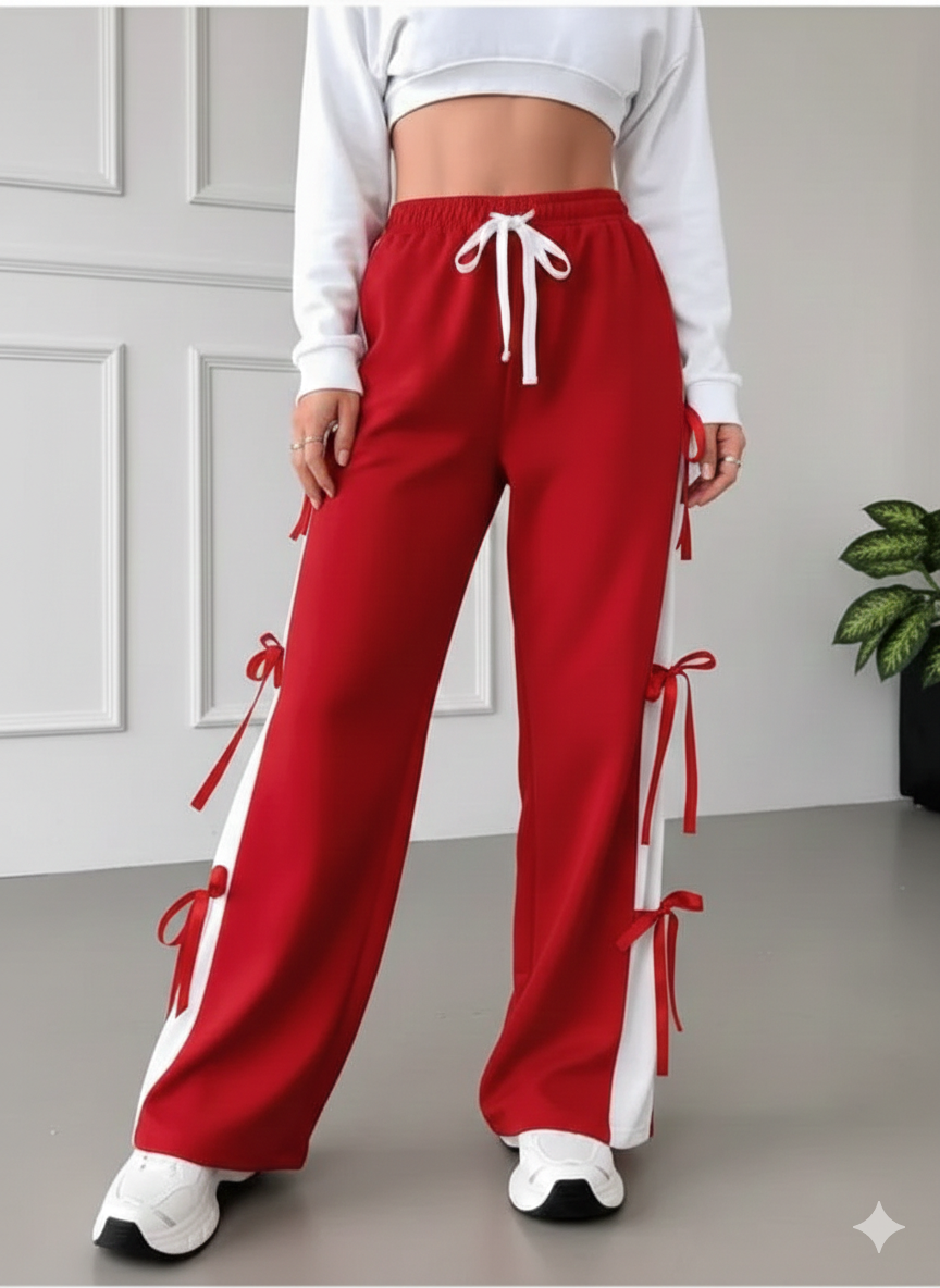 Womens  Cute Summer Wide-Leg Trousers with Side Bow Details - Red