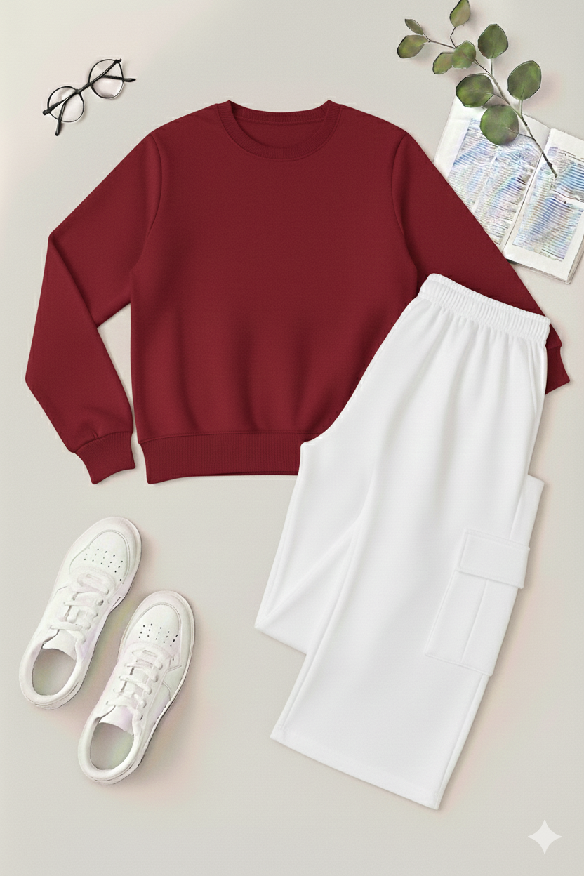 Everyday Essential Basic Plain Sweatshirt & White Cargo Co-Ord