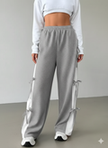 Womens Cute Summer Wide-Leg Trousers with Side Bow Details - Grey