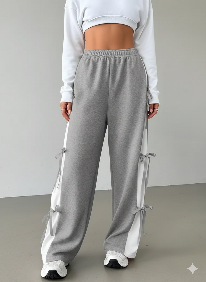 Womens Cute Summer Wide-Leg Trousers with Side Bow Details - Grey