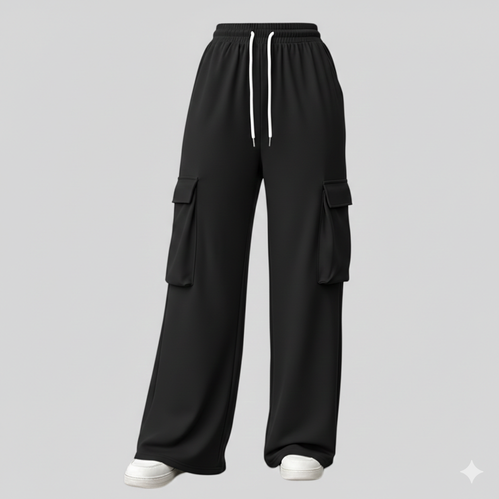 Summer Black Flap Pocket Side Cargo Trouser Drawstring Waist Wide Leg Pants