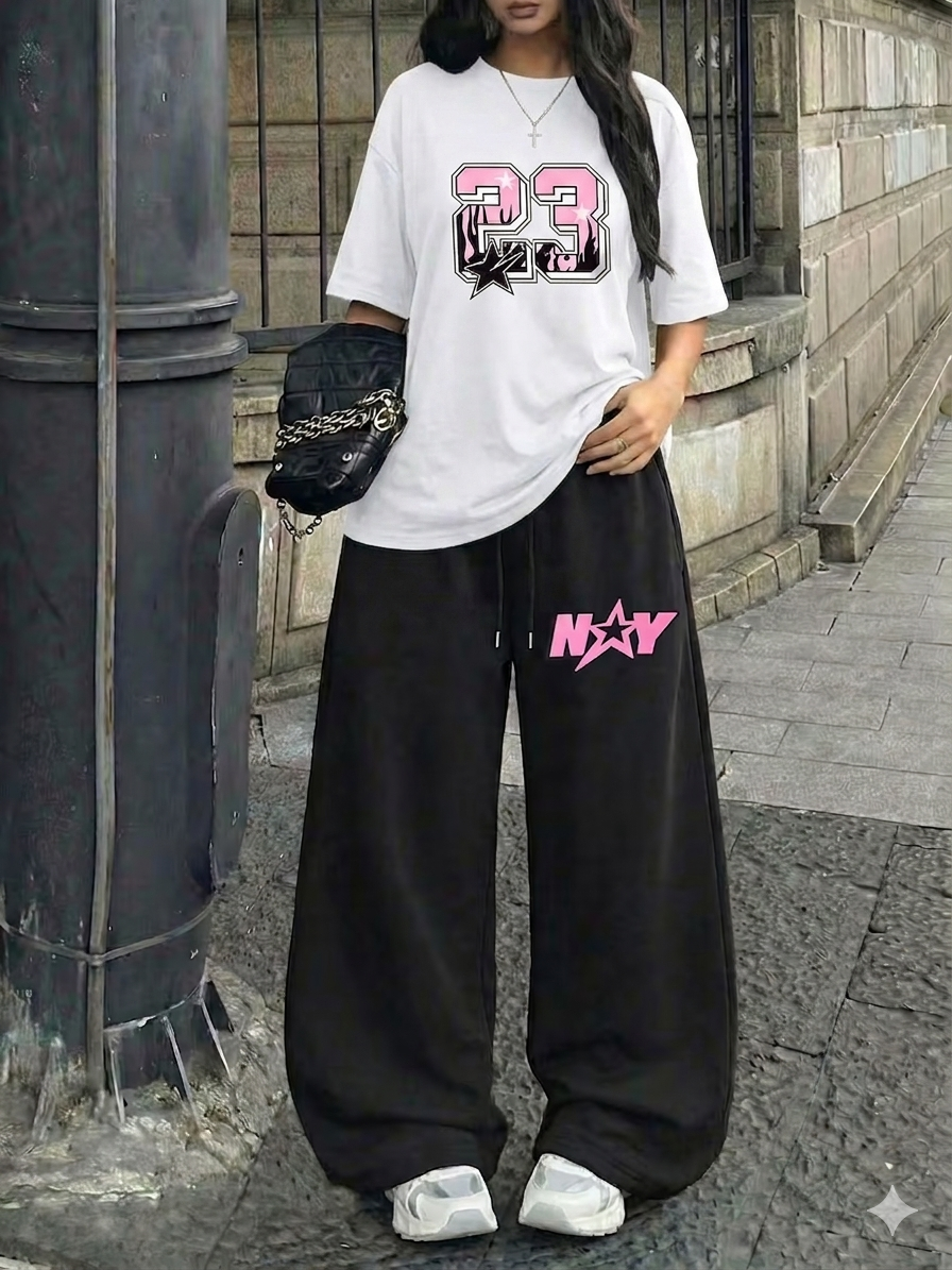Signature NY "23" Oversized Tee &  Black Wide-Leg Trouser Set