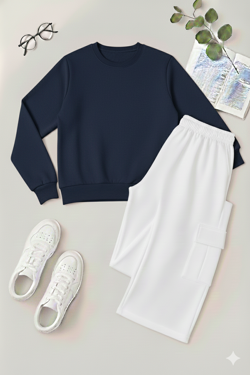 Everyday Essential Basic Plain Sweatshirt & White Cargo Co-Ord