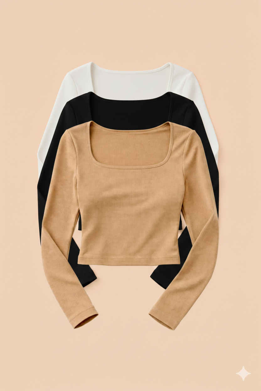 Pack of 3 Ribbed Square Neck Essential Tops