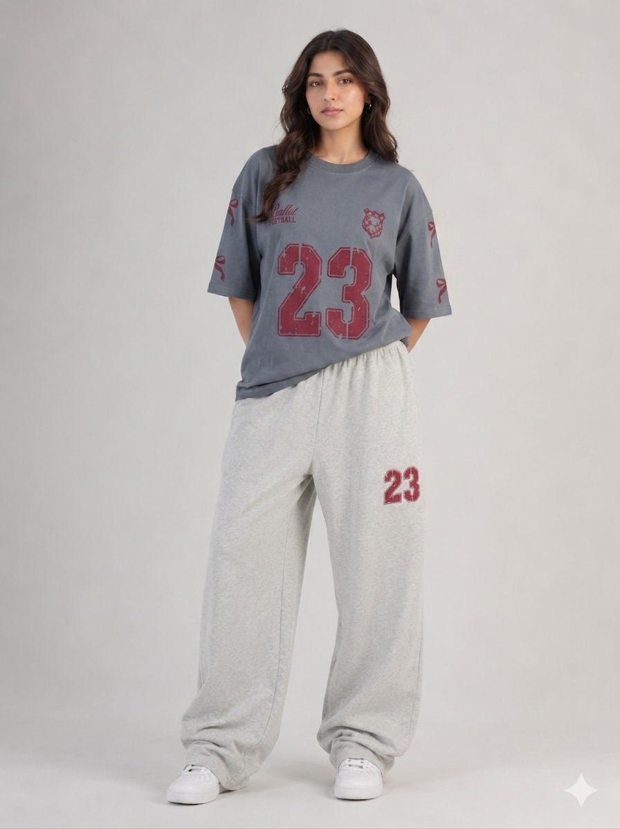 Retro Sport Edit "23" Graphic Tee & Grey Wide-Leg Jogger Set