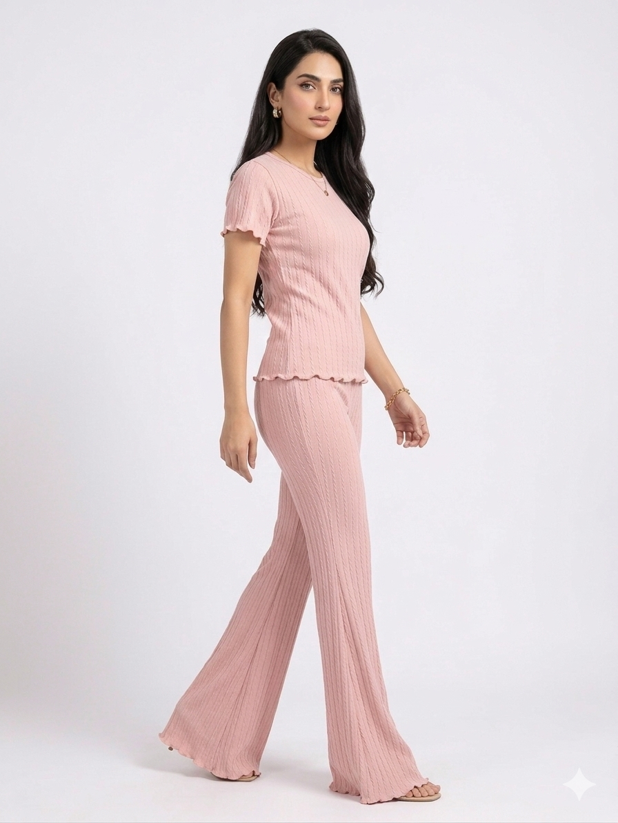 Premium Summer Cord Set – Soft Pink Ribbed Knit Co-ord for Women