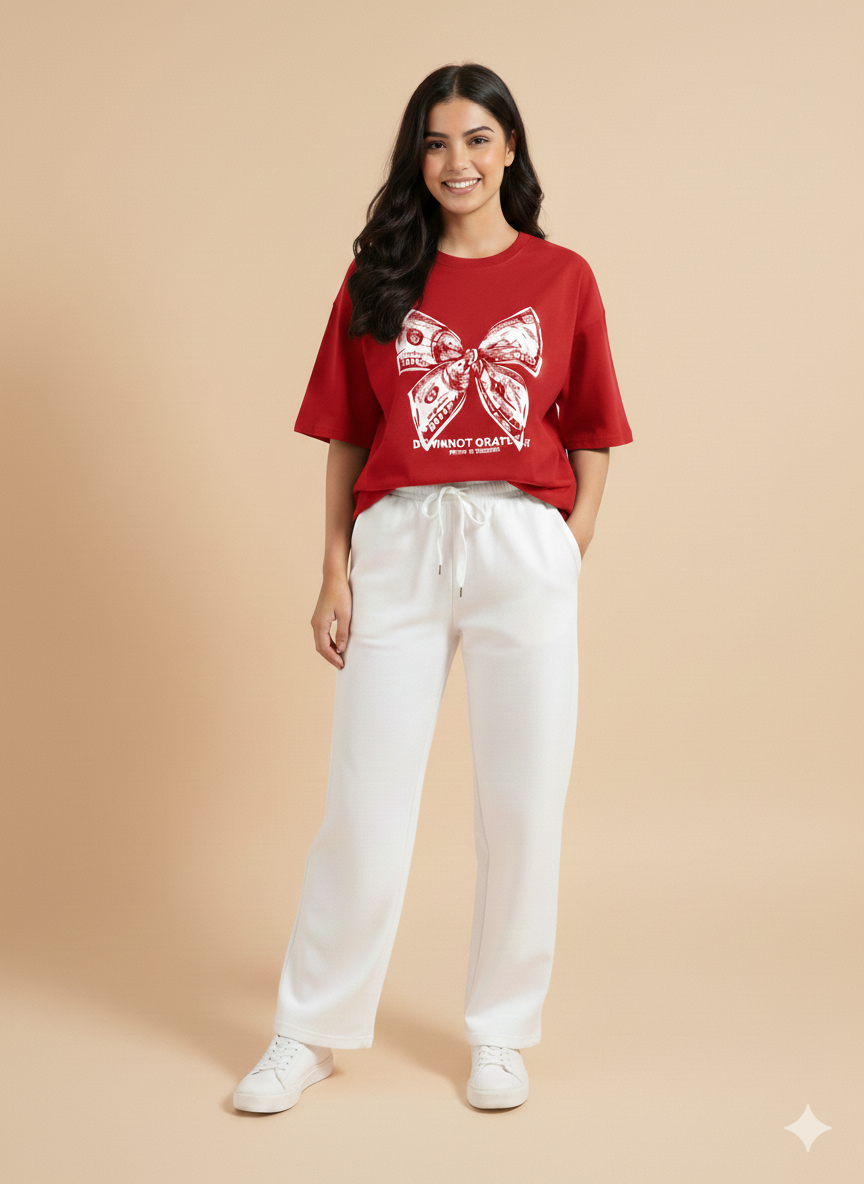 Oversized "Money-Bow" Tee & White Wide-Leg Trouser Set