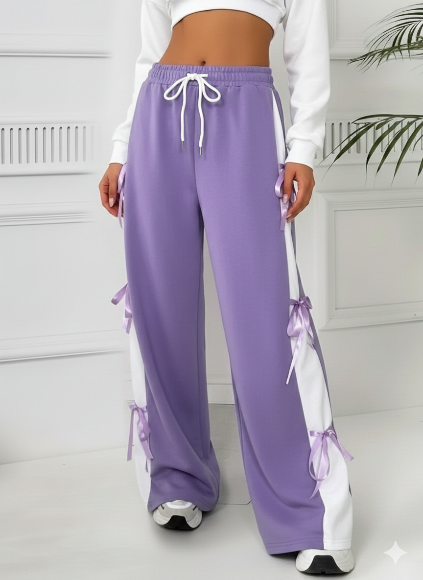 Womens Cute Summer Wide-Leg Trousers with Side Bow Details - Lilac