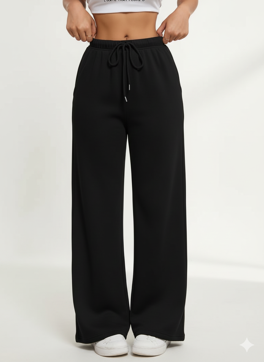 WinterEase Fleece Wide-Leg Trousers - Black
