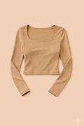 Classic Square Neck Ribbed Fit Top - Beige