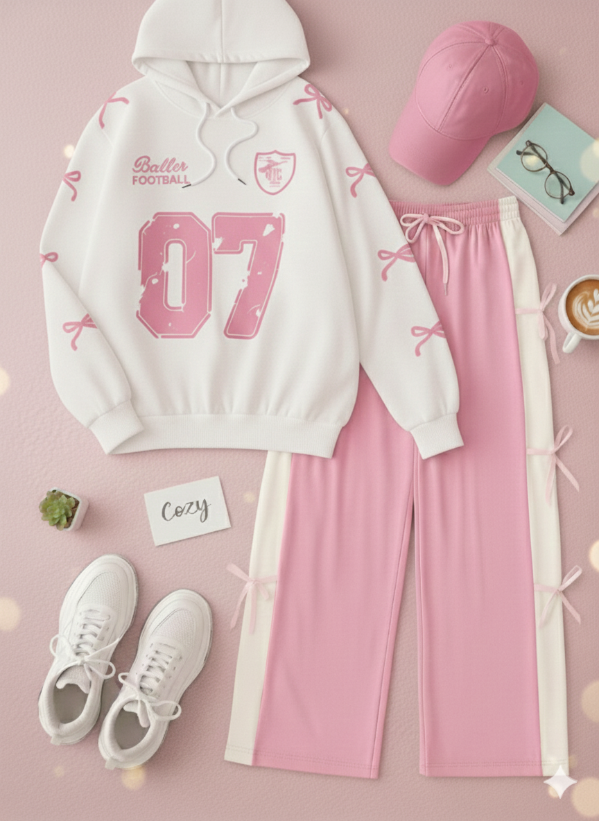Winter 07 Printed Hoodie Paired With Cute Pink Side Ribbons Trouser