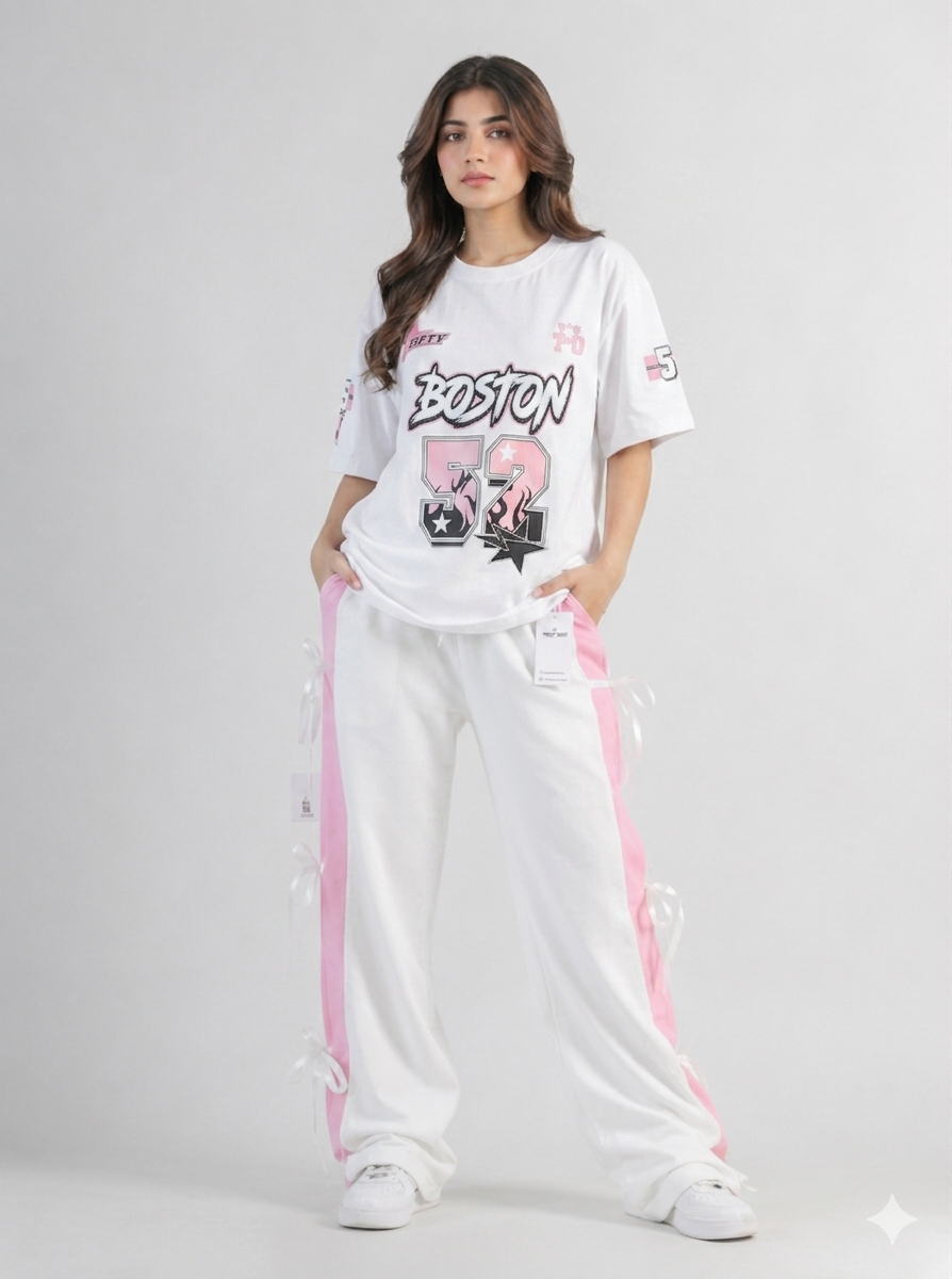 Boston 52' Oversized Graphic Tee & Ribbon-Trim Wide-Legs Set
