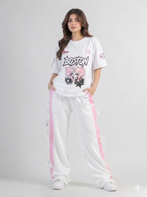 Boston 52' Oversized Graphic Tee & Ribbon-Trim Wide-Legs Set