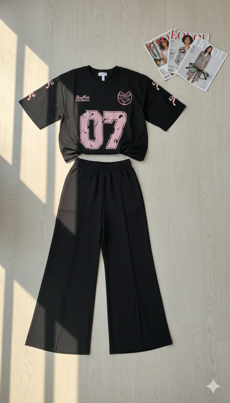 Urban Pink Pop Oversized Tee x Slit Trousers Vibe- Cord Set