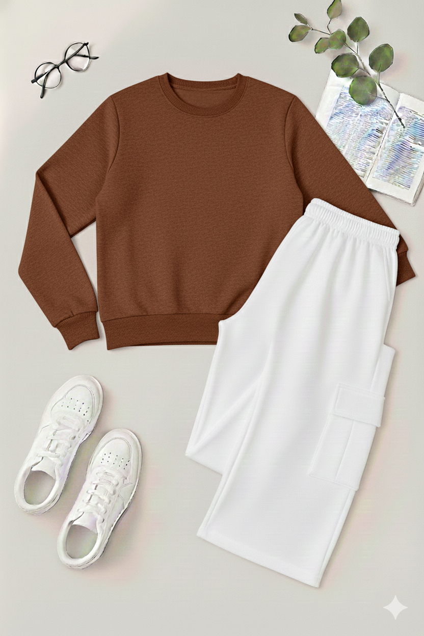 Everyday Essential Basic Plain Sweatshirt & White Cargo Co-Ord