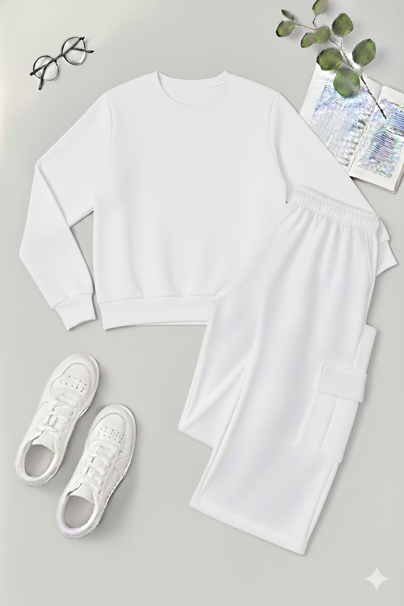 Everyday Essential Basic Plain Sweatshirt & White Cargo Co-Ord