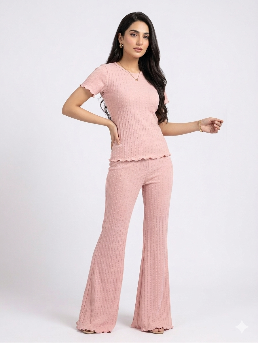 Premium Summer Cord Set – Soft Pink Ribbed Knit Co-ord for Women