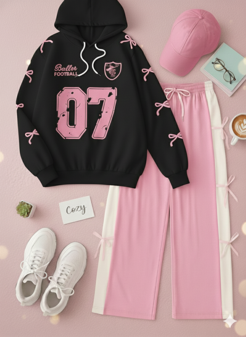 Winter 07 Printed Hoodie Paired With Cute Pink Side Ribbons Trouser