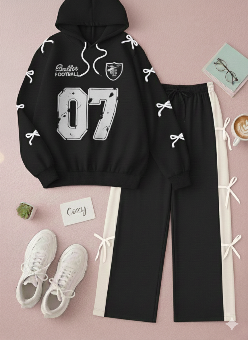 Black 07 Ribbon Printed Hoodie Paired With Cute Black Side Ribbon Trouser