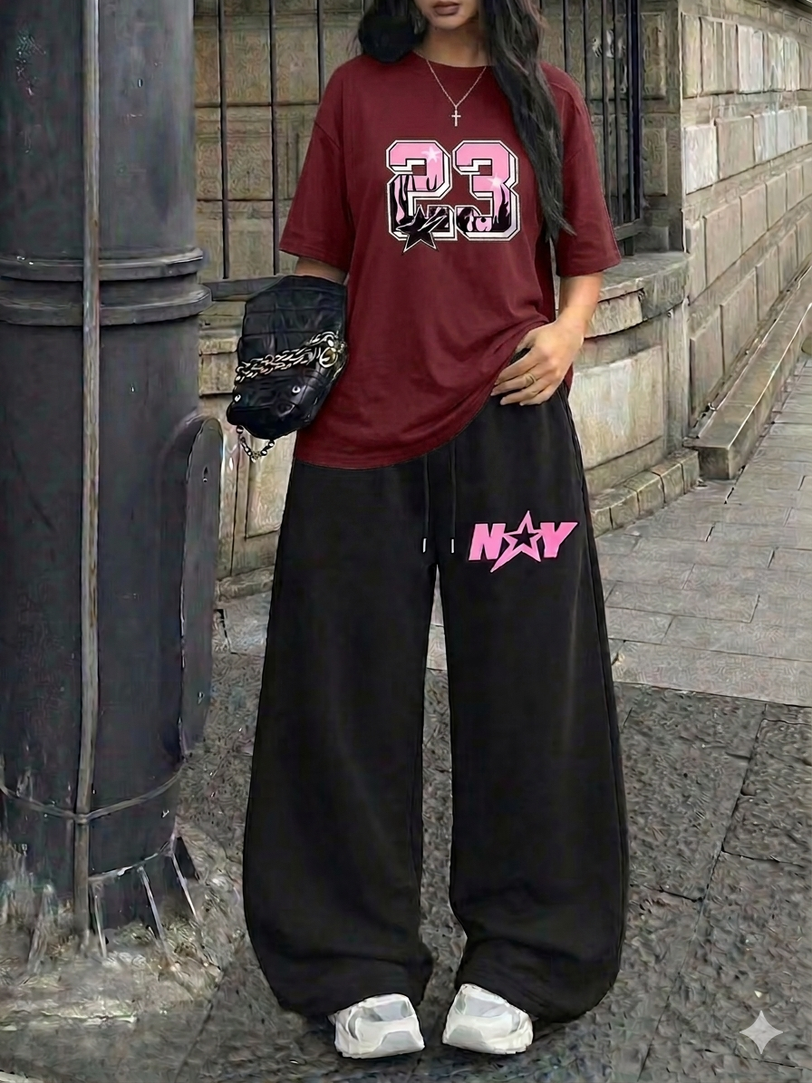 Signature NY "23" Oversized Tee &  Black Wide-Leg Trouser Set