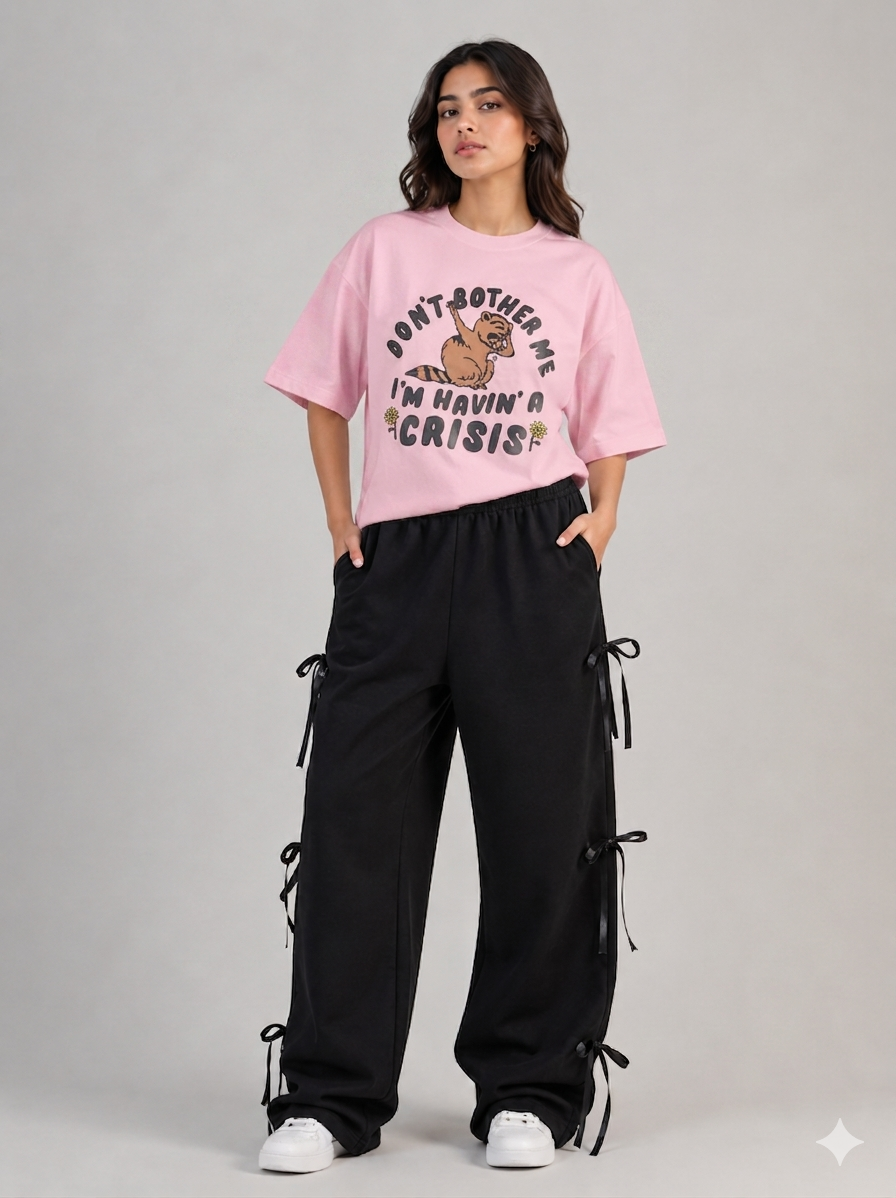 "Havin' a Crisis" Graphic Tee & Black Bow-Detail Trousers