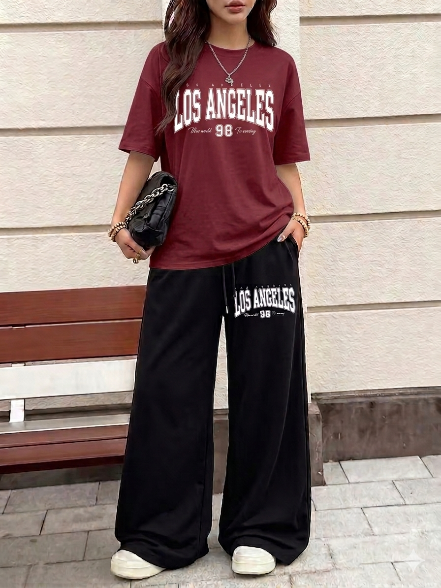 Los Angeles Graphic Oversized Tee & Black Wide-Leg Trouser Set