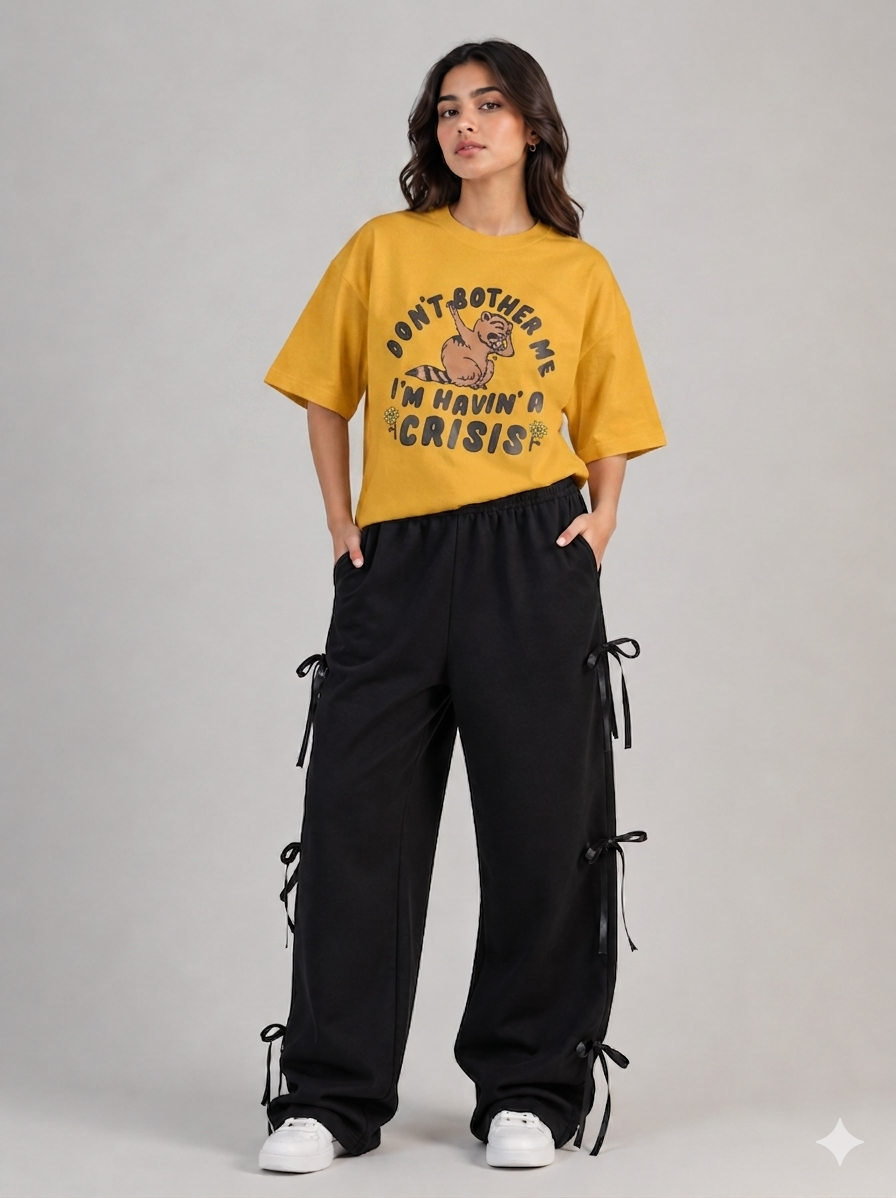 "Havin' a Crisis" Graphic Tee & Black Bow-Detail Trousers