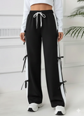 Womens  Cute Summer Wide-Leg Trousers with Side Bow Details - Black