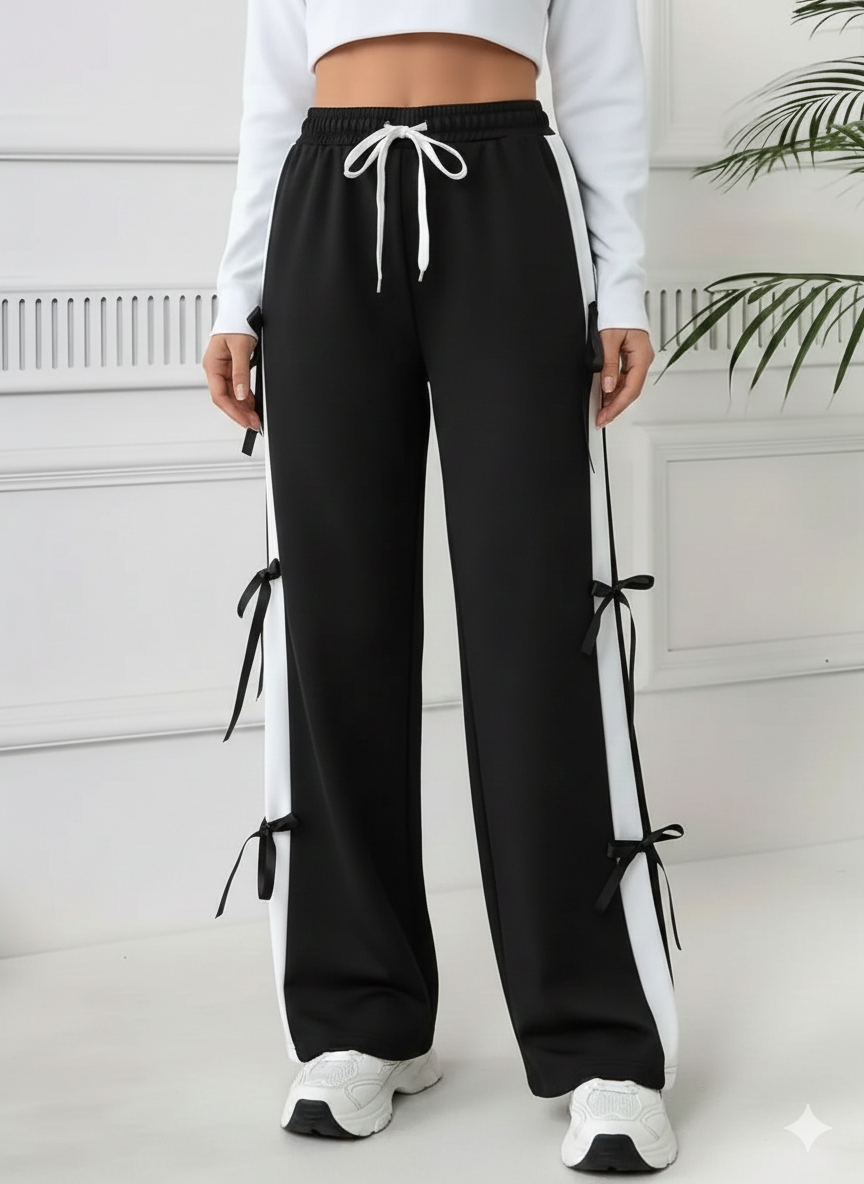 Womens  Cute Summer Wide-Leg Trousers with Side Bow Details - Black