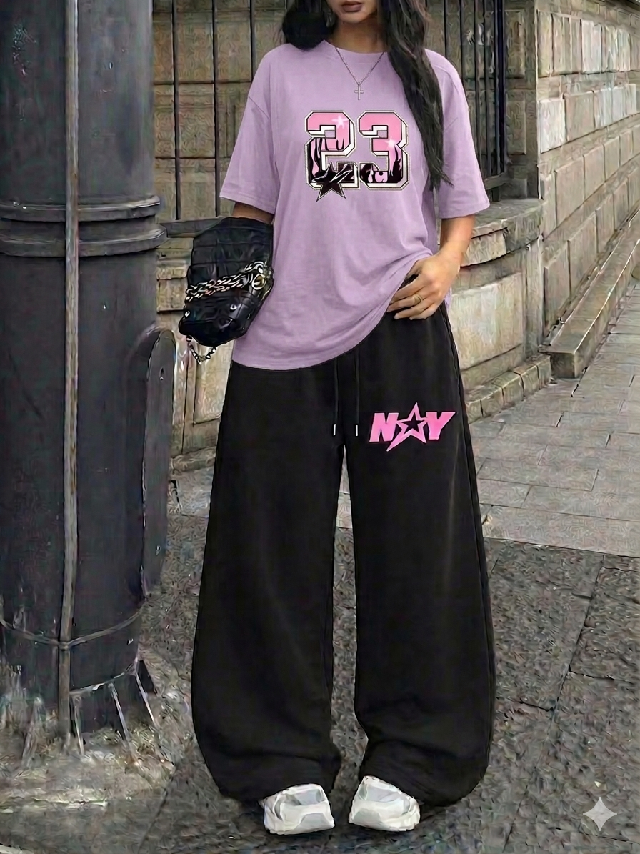 Signature NY "23" Oversized Tee &  Black Wide-Leg Trouser Set