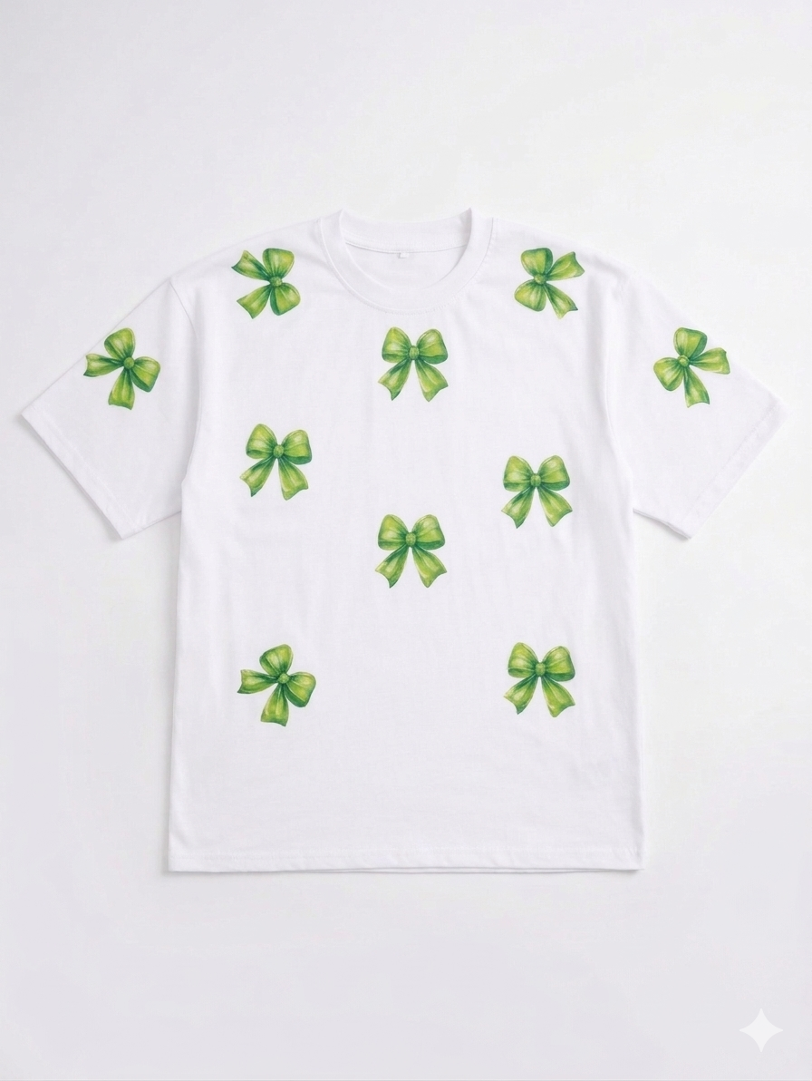 White Bow All Over Printed Oversized Relaxed Fit Tshirt