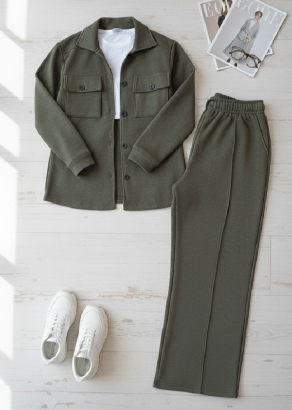 Olive Green Flap Pocket Fleece Coord Set for Women
