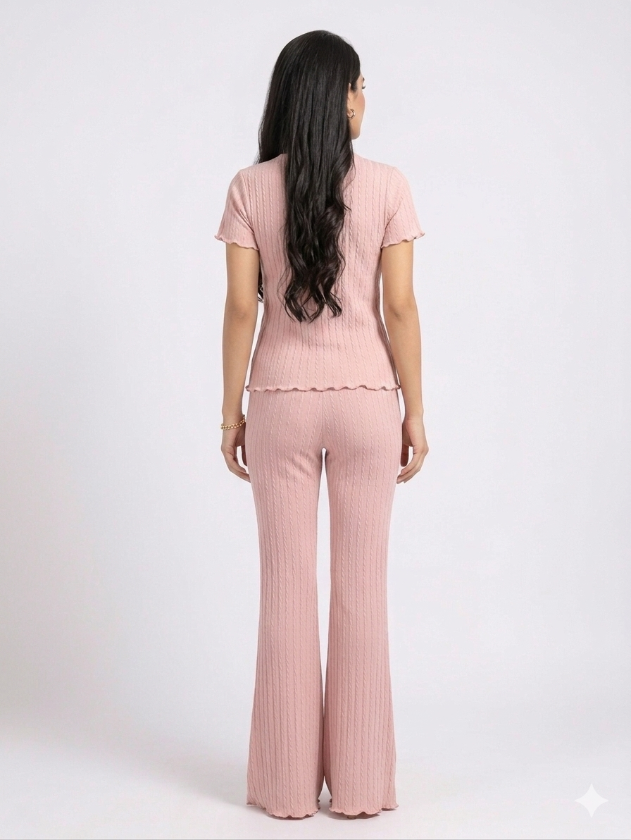 Premium Summer Cord Set – Soft Pink Ribbed Knit Co-ord for Women