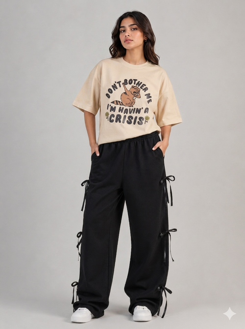 "Havin' a Crisis" Graphic Tee & Black Bow-Detail Trousers