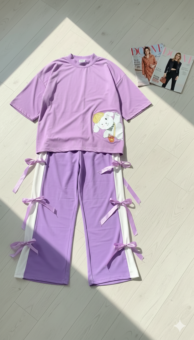Casual Chic in Lilac - Oversized Tee & Bow-Tie Trousers Set