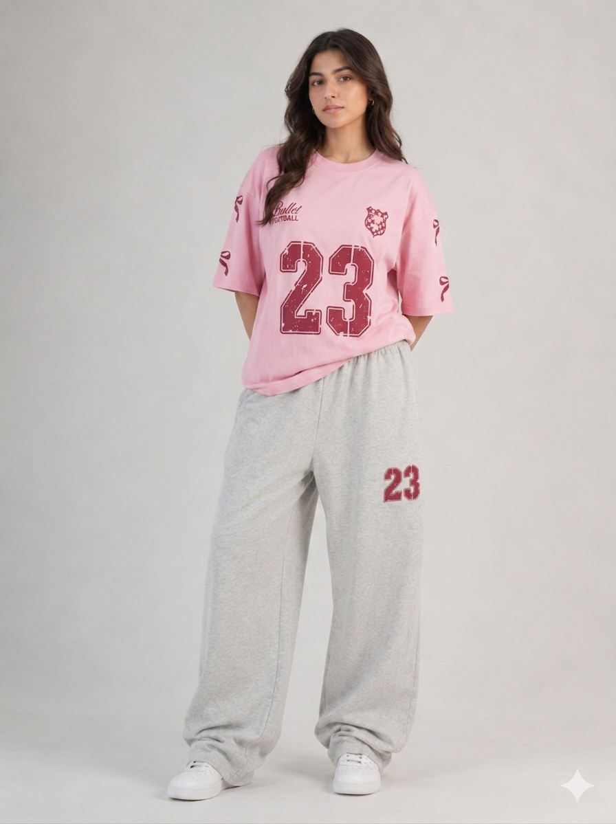 Retro Sport Edit "23" Graphic Tee & Grey Wide-Leg Jogger Set