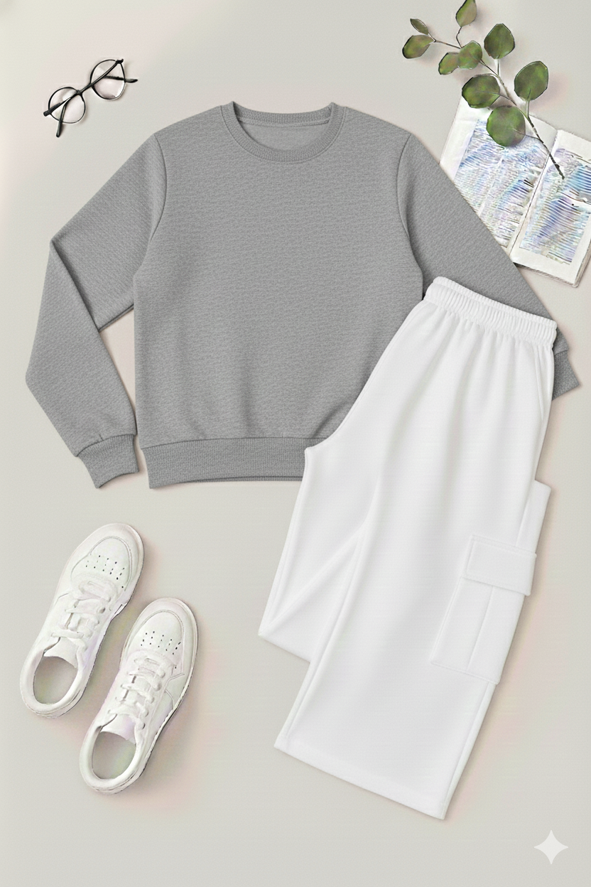 Everyday Essential Basic Plain Sweatshirt & White Cargo Co-Ord