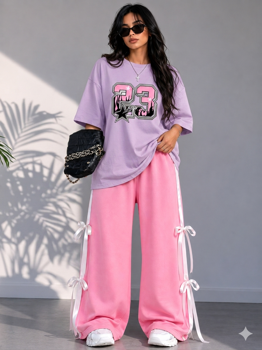 23 Star Graphic Oversized T-Shirt & Pink Ribbon Wide-Leg Trouser Co-Ord Set