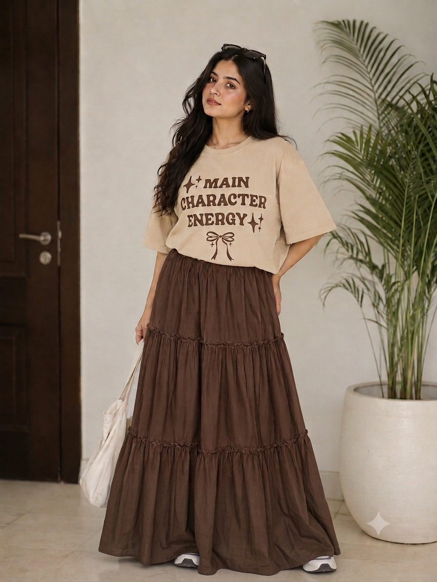 Main Character Energy Oversized Graphic T-Shirt & Tiered Maxi Skirt Co-Ord Set for Women