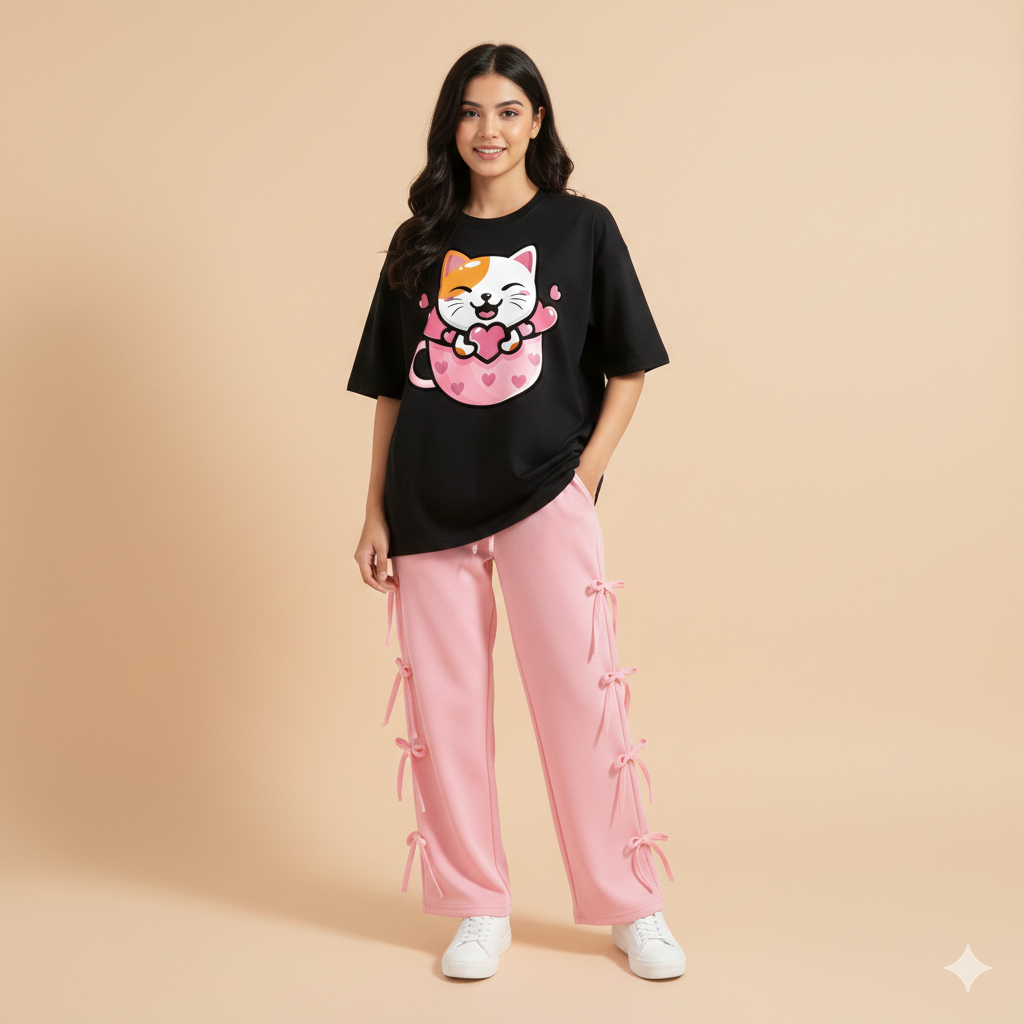 Kitten Craze Co-ord Set – Pink Ribbon Detail Streetwear