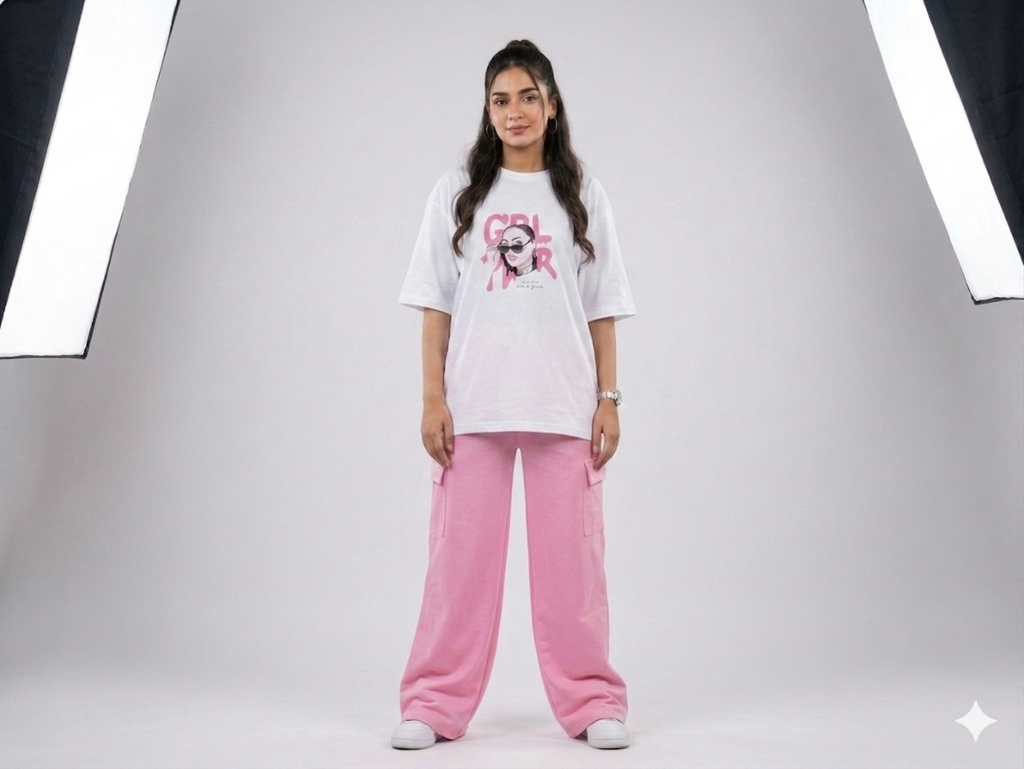 The "Girl Power" Statement Set – Oversized Tee & Wide-Leg Cargo