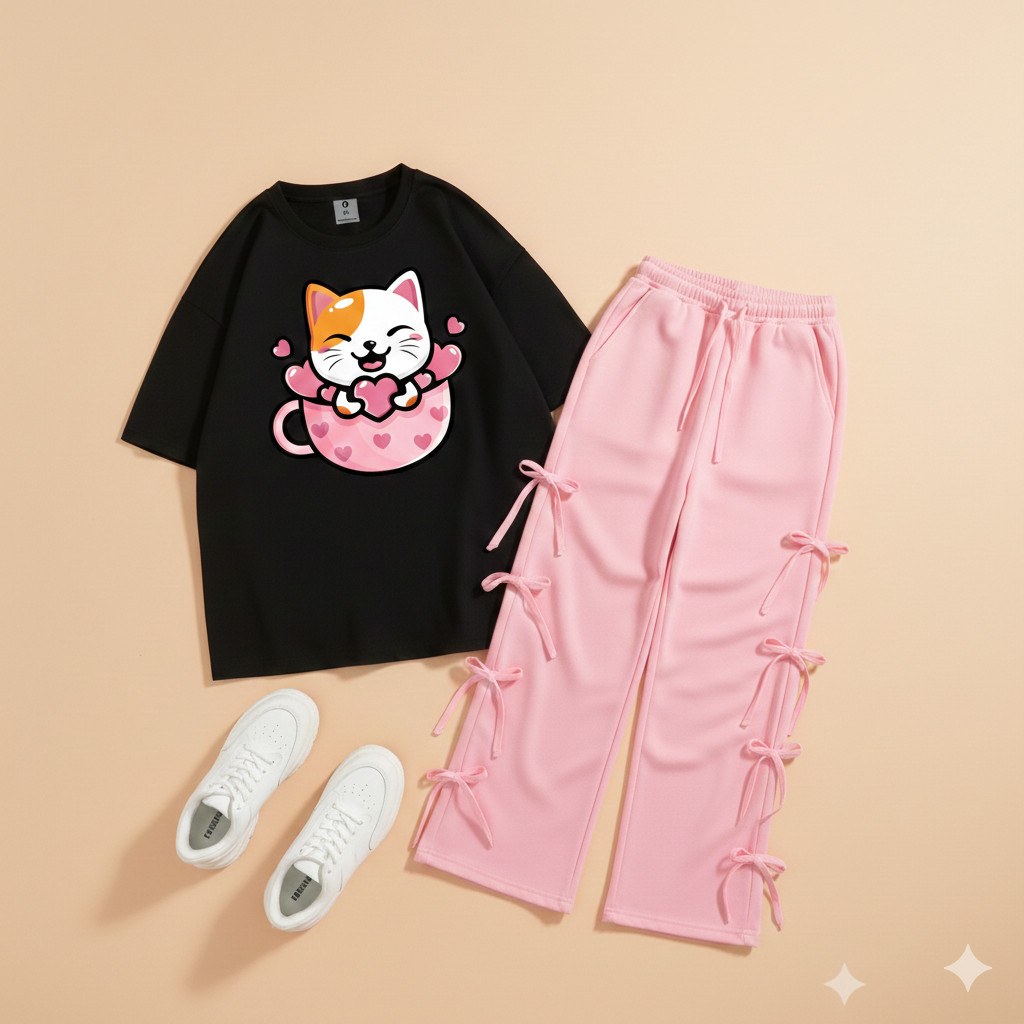 Kitten Craze Co-ord Set – Pink Ribbon Detail Streetwear