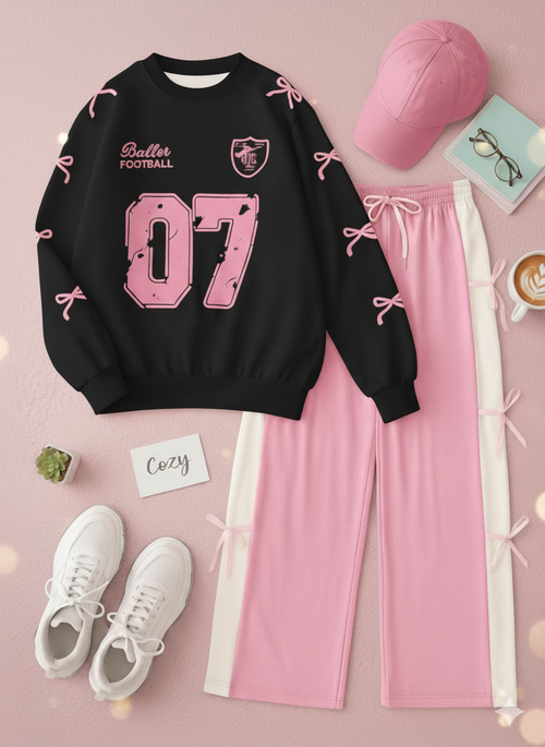 07 Ribbon Printed Sweatshirt Paired With Cute Ribbon Trouser
