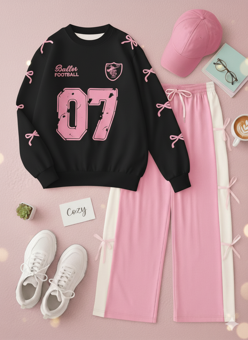 Black 07 Ribbon Printed Sweatshirt Paired With Cute Pink Ribbon Trouser Set