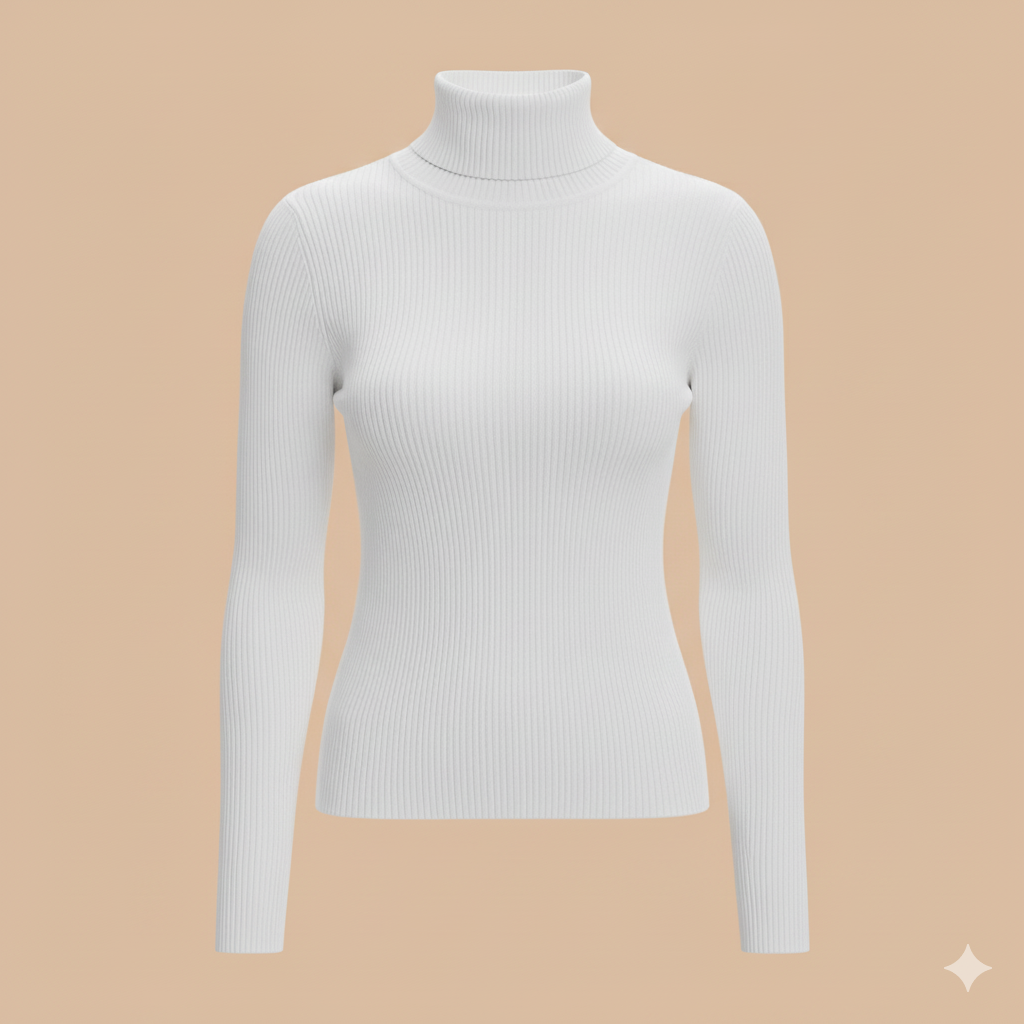 Perfect Comfort White Ribbed Long Sleeve Turtleneck Top