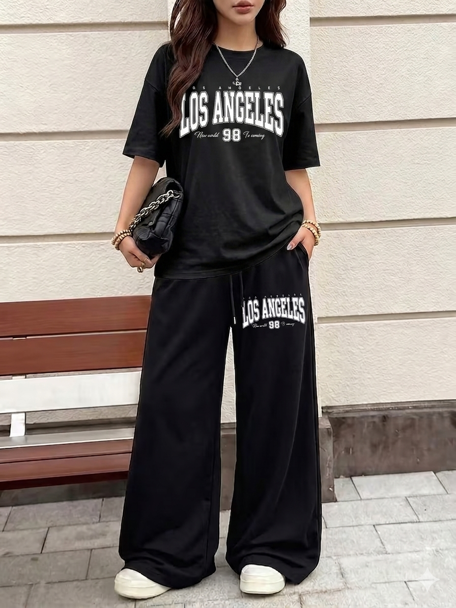 Los Angeles Graphic Oversized Tee & Black Wide-Leg Trouser Set