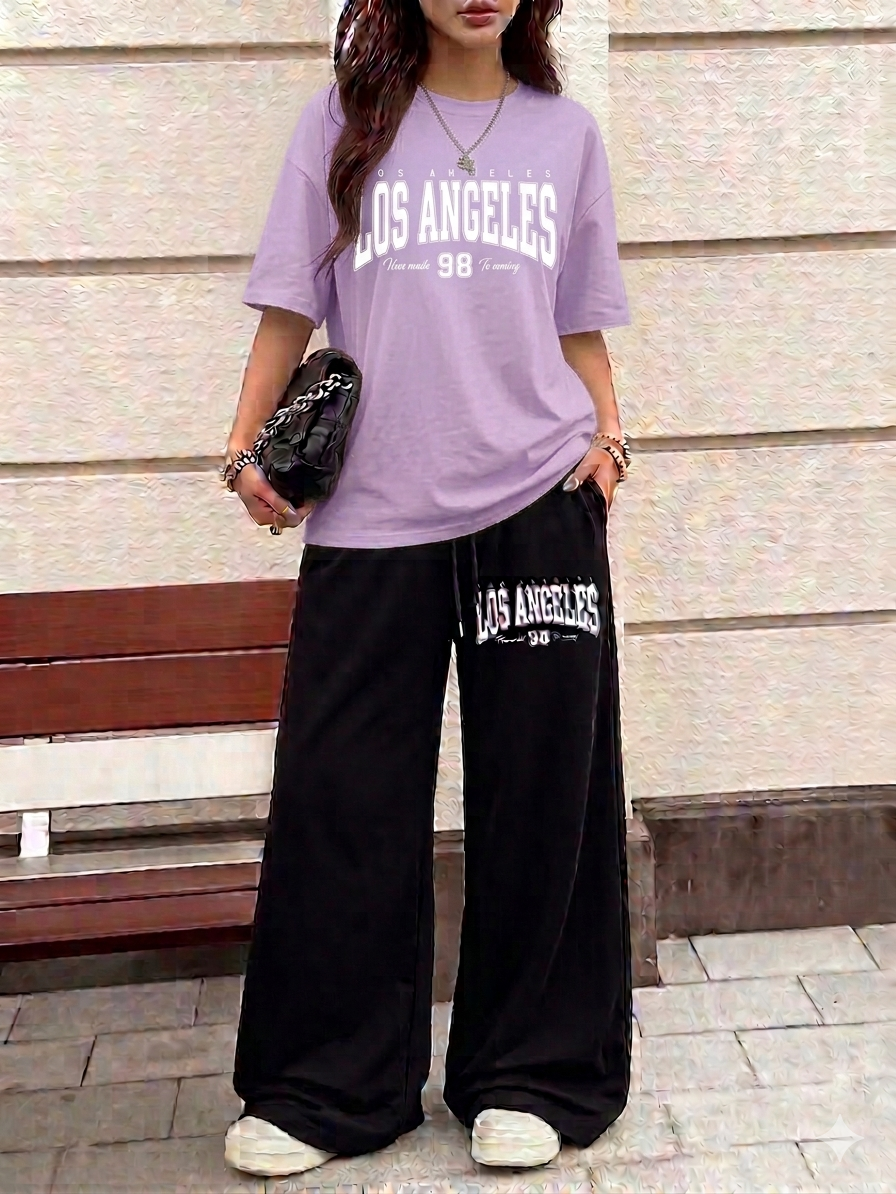 Los Angeles Graphic Oversized Tee & Black Wide-Leg Trouser Set